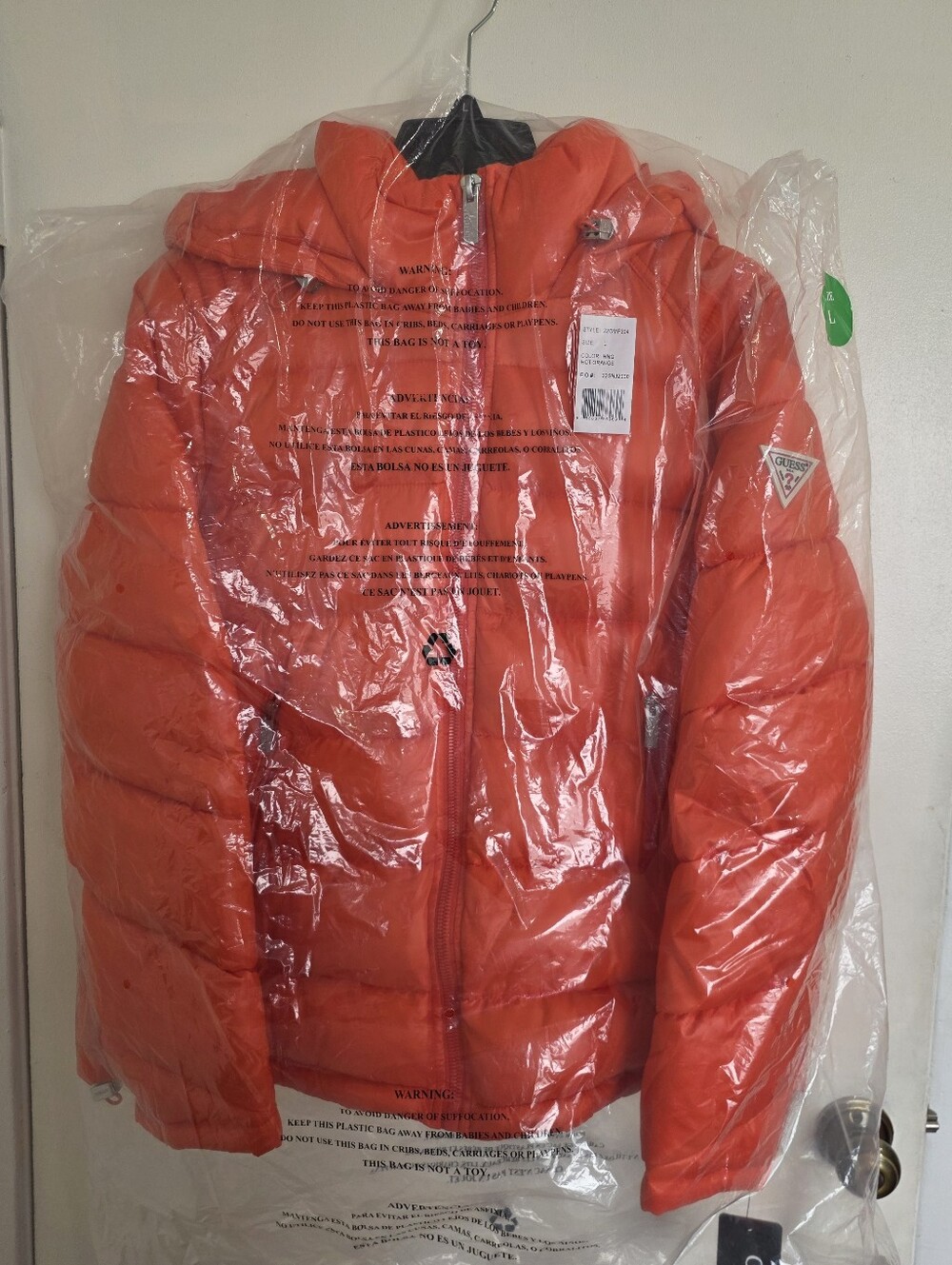 GUESS Women’s Orange Hooded Puffer Jacket Size L